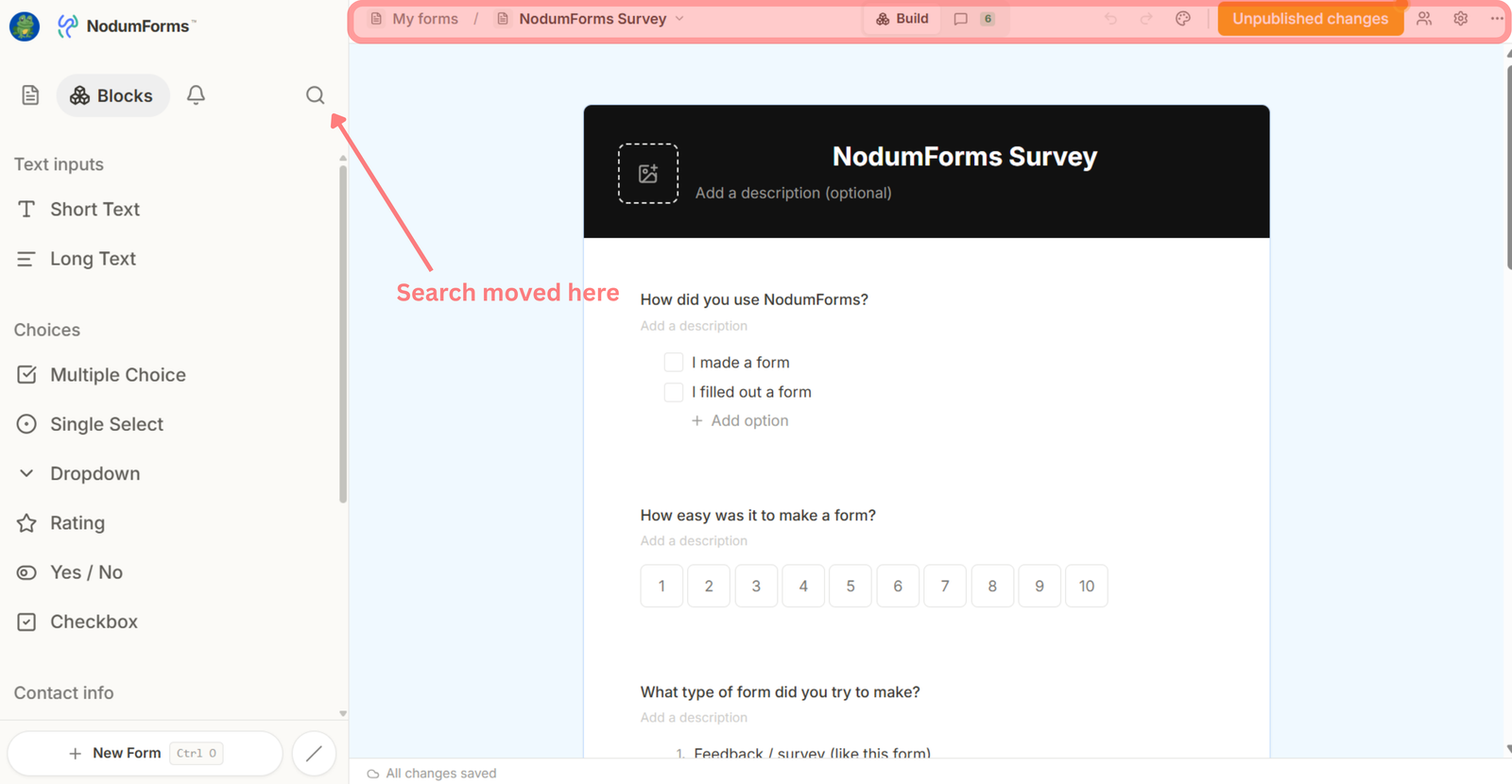 Builder with the redesigned chrome: slim topbar showing avatar + NodumForms logo on the left, breadcrumb (My forms / form name with a dropdown chevron), a centred Build / Responses pill with a response count, then undo / redo / style / Published button / collaborators / settings / more on the right. Left sidebar shows the new Blocks / Notifications / Search tabs and the block library grouped by category, with “+ New Form” pinned to the bottom.